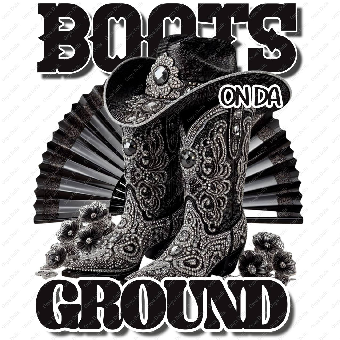 A high-resolution digital PNG featuring Western-themed text or art that reads “Boots On The Ground.” The design is rendered in a black and grey color scheme with bold, rustic styling. Ideal for sublimation on T-shirts, mugs, tumblers, and country-themed digital projects. Transparent background included for versatile use.