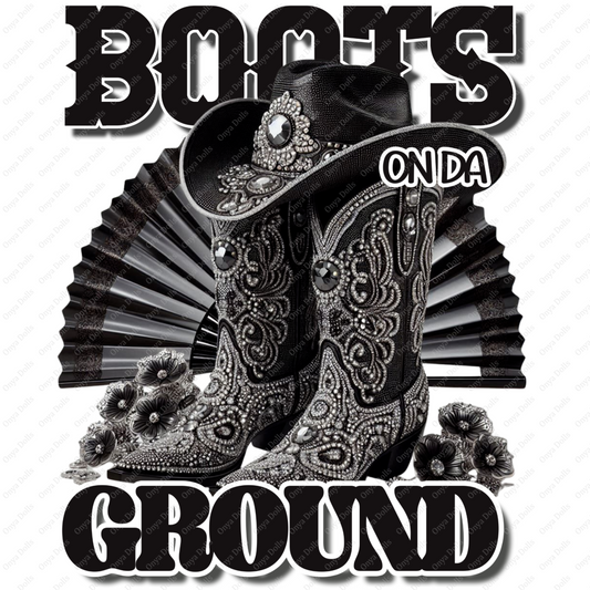 A high-resolution digital PNG featuring Western-themed text or art that reads “Boots On The Ground.” The design is rendered in a black and grey color scheme with bold, rustic styling. Ideal for sublimation on T-shirts, mugs, tumblers, and country-themed digital projects. Transparent background included for versatile use.