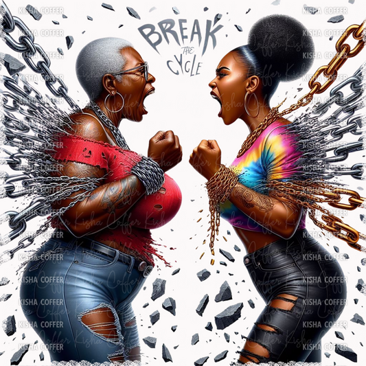 High-resolution PNG of a melanin-rich woman with the phrase “Break the Cycle,” ideal for empowerment and healing-themed designs.
