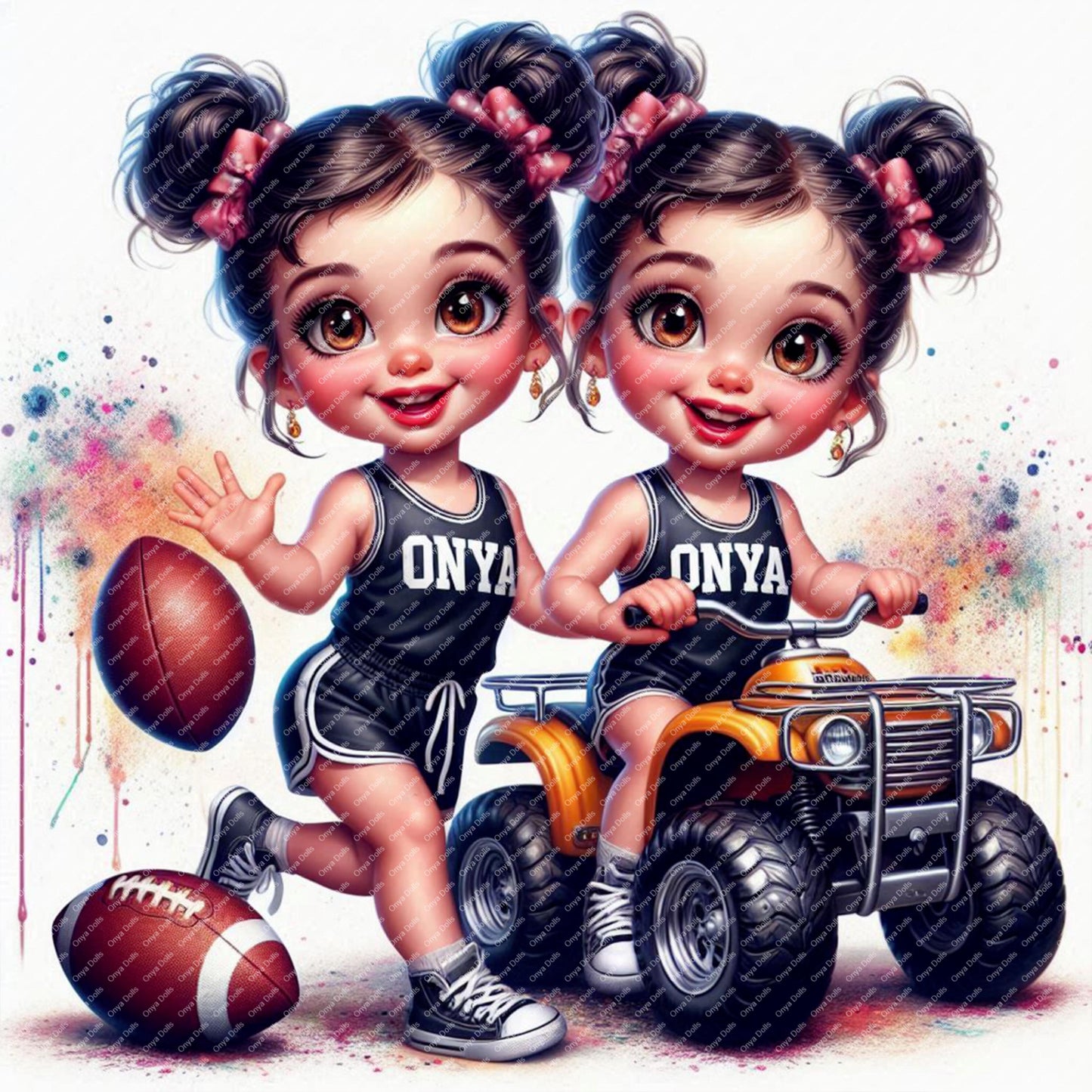 Onya Caucasian girl twins clipart showing two sporty twin girls with football and ATV in illustrated style

