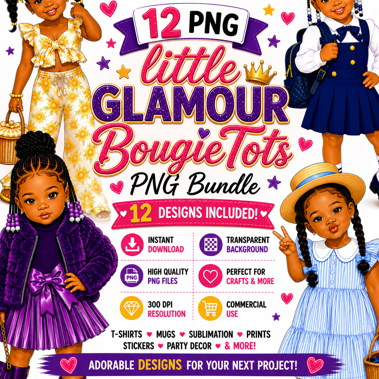little glamour bougie tots png bundle stylish toddler girls fashion clipart set