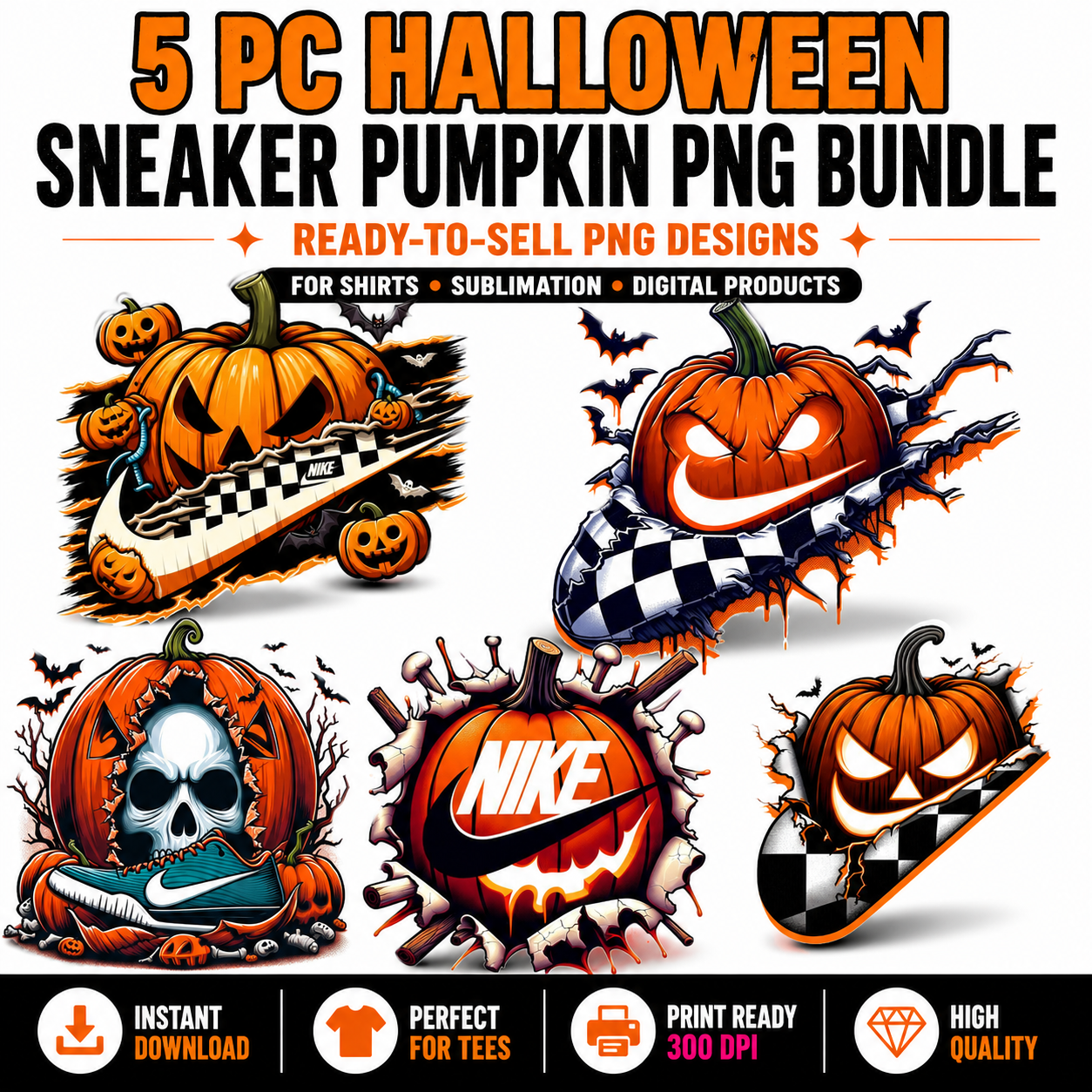 Halloween sneaker PNG bundle with pumpkins skulls bats and spooky shoe graphics clipart set