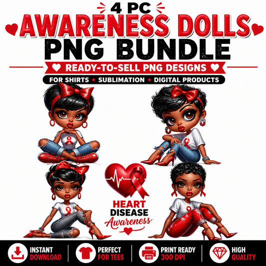 Heart Disease Awareness PNG Bundle | Black Girl Support Designs for Shirts & Crafts