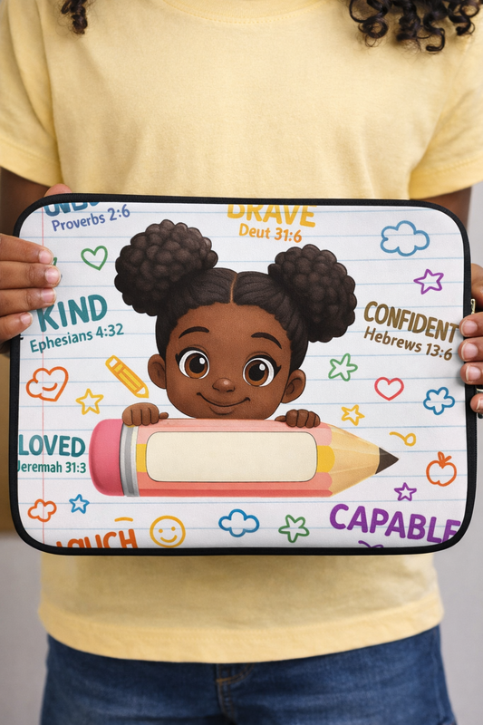 Cutie School Girl "Personalized" Laptop Sleeve | with Positive Affirmations & Bible Verses | for Back-to-School