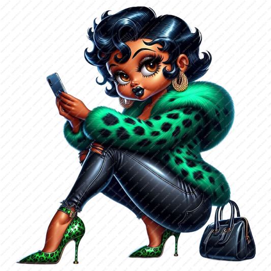 High-resolution PNG of Afro Betty Boop wearing a green fur coat, perfect for fashion-themed prints, sublimation, apparel, and digital decor.
