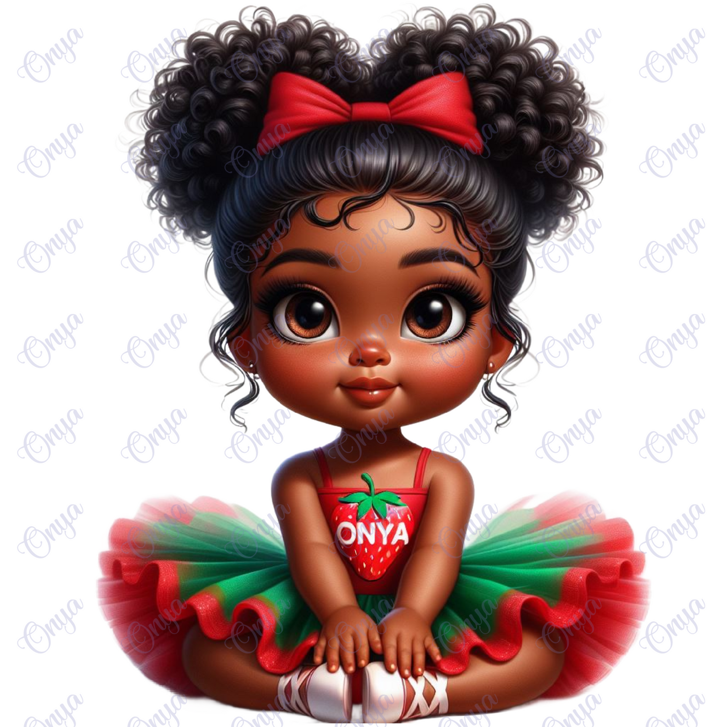 High-resolution PNG of a melanin-rich toddler girl, wearing a strawberry, perfect for baby party crafts, digital stickers, and invitations.
