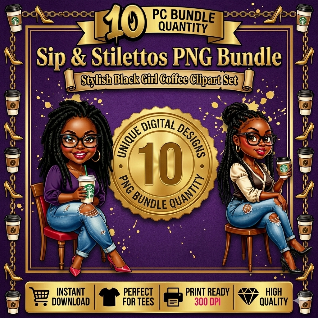 10 PC Sip & Stilettos PNG Bundle | Stylish Black Girl Coffee Clipart Set