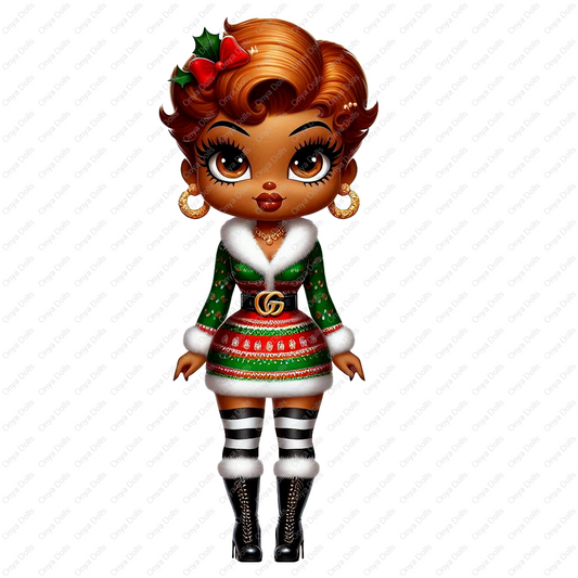 African American Betty Boop-style gingerbread girl with ginger hair, holiday dress, striped leggings, and Santa boots. Transparent background PNG.
