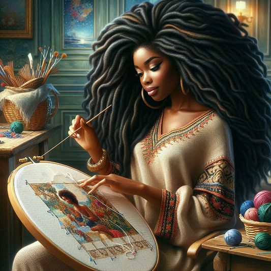 Black woman with long locs creating needlepoint art in a cozy craft room, surrounded by yarn and supplies; wearing a detailed woven sweater.
