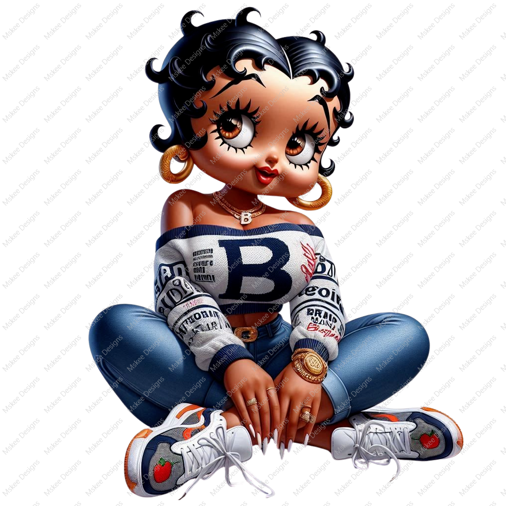 High-resolution PNG of Afro Betty Boop wearing a varsity-style off-shoulder sweater, shorts, and sneakers. Confident, sporty, and stylish with transparent background.
