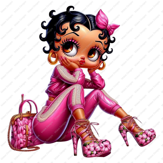 High-resolution PNG of Afro Betty Boop wearing a pink outfit, high heels, and carrying a matching purse. Fashionable and bold with a transparent background.
