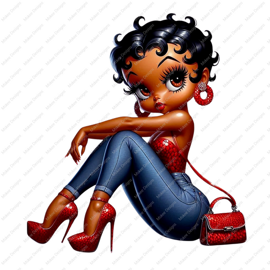 High-resolution PNG of Afro Betty Boop wearing a red outfit, designed for sublimation tumbler wraps and planner templates. Transparent background.

