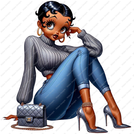 High-resolution PNG of Afro Betty Boop sitting gracefully in a grey sweater and heels with a confident, stylish pose. Transparent background.
