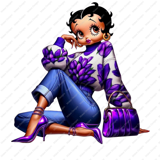 High-resolution PNG of Afro Betty Boop wearing a purple sweater, matching heels, and holding a stylish purse. Confident pose with a transparent background.
