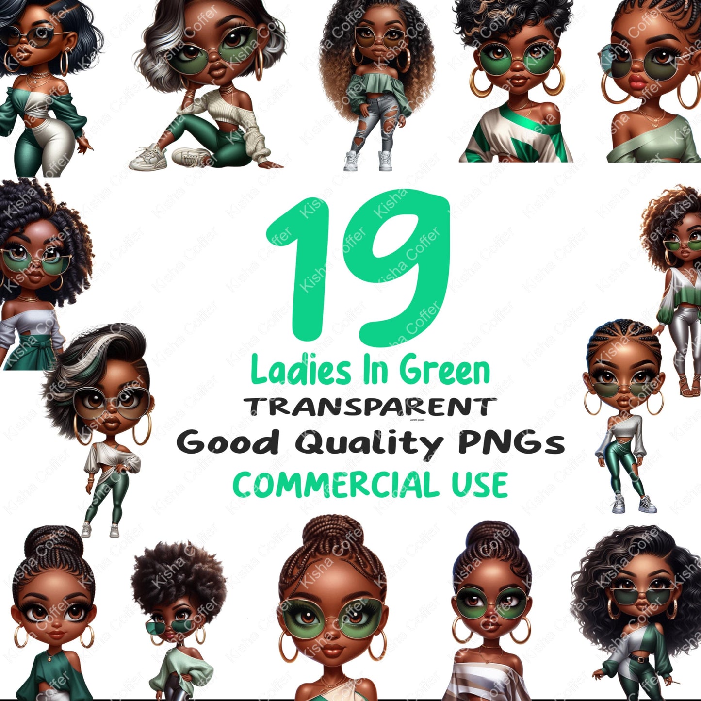 Stylish illustrated women wearing green outfits with sunglasses in a digital clipart bundle
