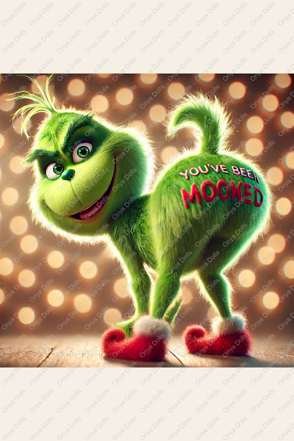 High-resolution PNG of a mischievous Grinch-style character mooning with a funny "You've Been Mooned" theme, perfect for humorous holiday crafts.
