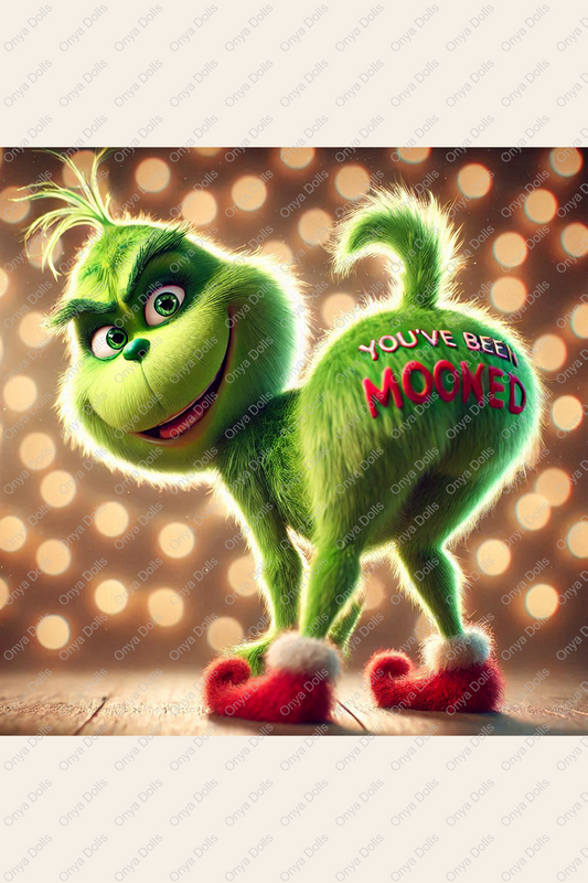 High-resolution PNG of a mischievous Grinch-style character mooning with a funny "You've Been Mooned" theme, perfect for humorous holiday crafts.
