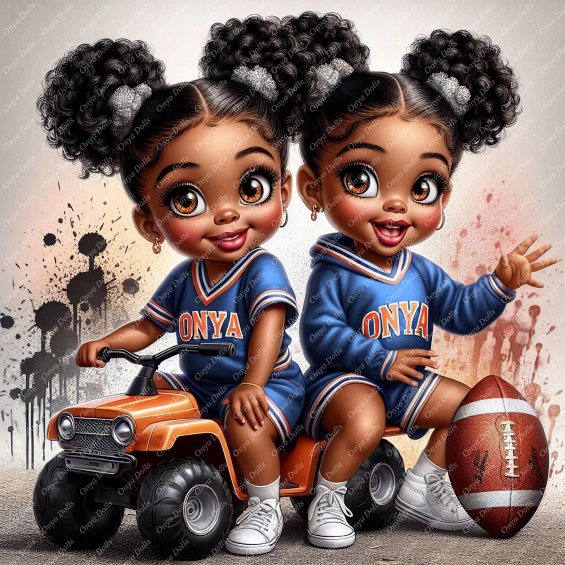 Onya Twins Clipart showing two brown girls in sporty outfits with football and ATV illustration
