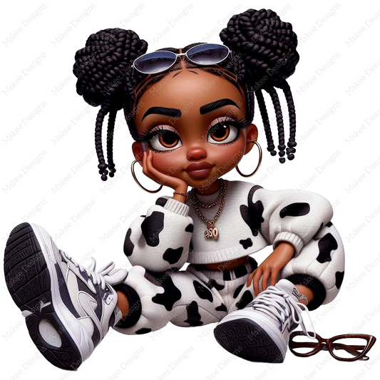 "Stylish digital illustration of Baddie Boop, an unbothered African American woman with bold energy, featuring a chic cow pattern design."