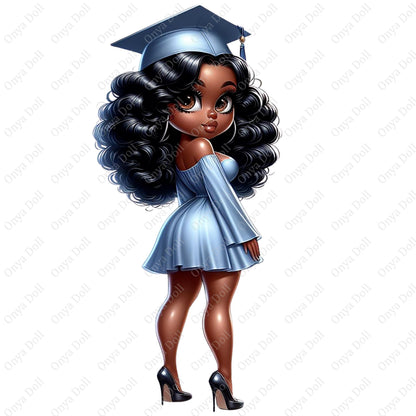 Illustration of a girl in a blue graduation gown and cap on a white background