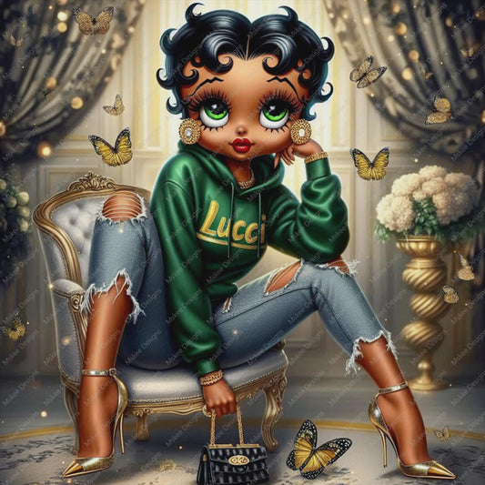 Glam Black girl in green hoodie and ripped jeans sitting in luxury setting with gold decor and heels.
