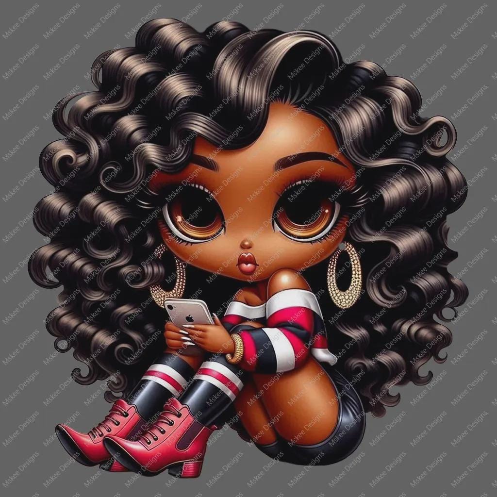 Cartoon character with curly hair holding a phone on a transparent background