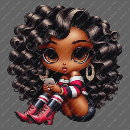 Cartoon character with curly hair holding a phone on a transparent background