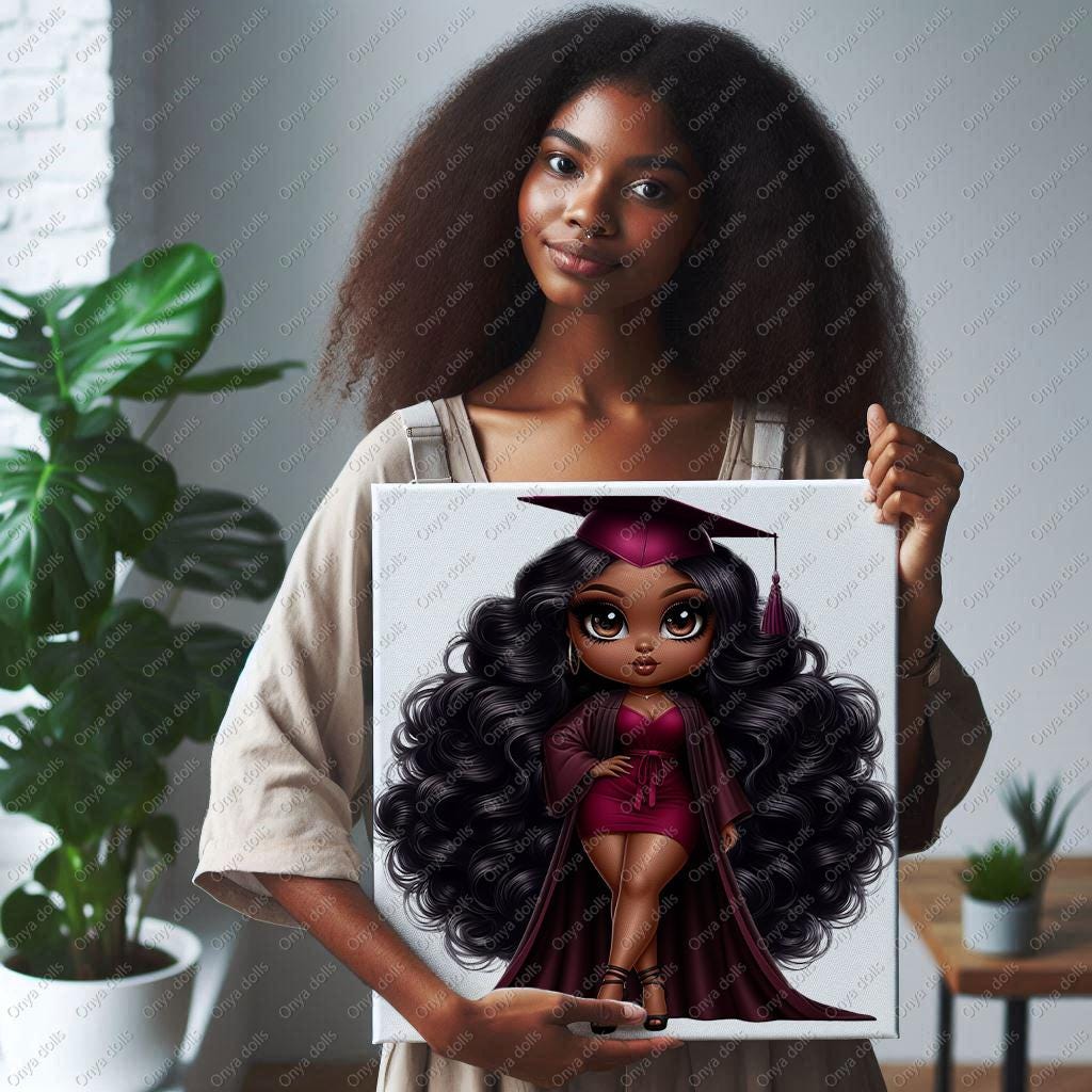 Person holding a painting of a doll with long black hair and a graduation cap.