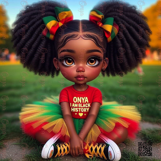 Melanin-rich little Black girl digital doll wearing Black History-themed fashion, smiling proudly. High-resolution PNG ideal for cultural projects and crafts.
