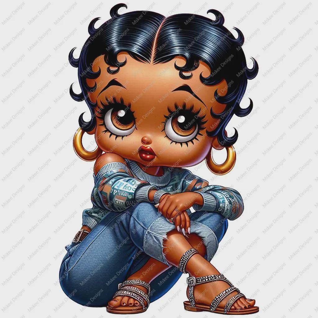 Cartoon character with curly hair, denim outfit, and sandals on a white background