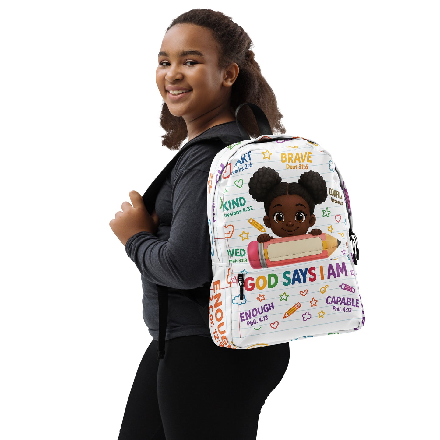 God Says I Am backpack featuring a melanin girl with afro puffs, colorful doodles, Bible verses, and a blank name field on a pencil. Inspirational school bag for kids, Product mockup