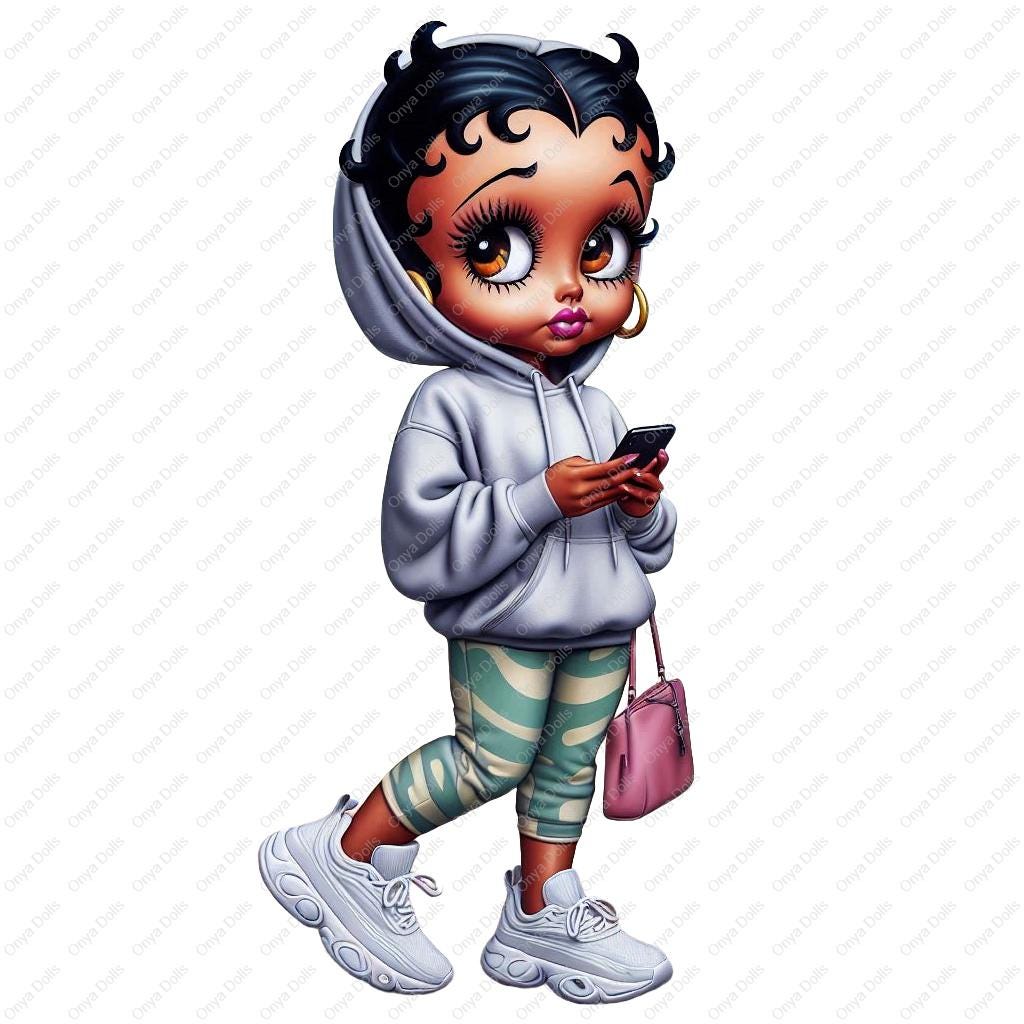 Melanin teen girl wearing oversized gray hoodie, striped leggings, and sneakers while holding a phone and small purse.
