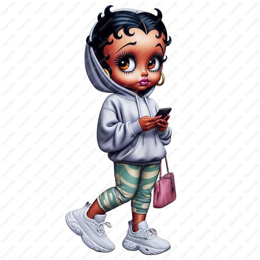 Melanin teen girl wearing oversized gray hoodie, striped leggings, and sneakers while holding a phone and small purse.
