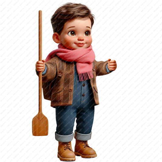 Animated character holding a wooden paddle on a white background