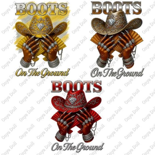 Three pairs of cowboy boots with decorative hats on a white background, featuring the text 'Boots On The Ground'.