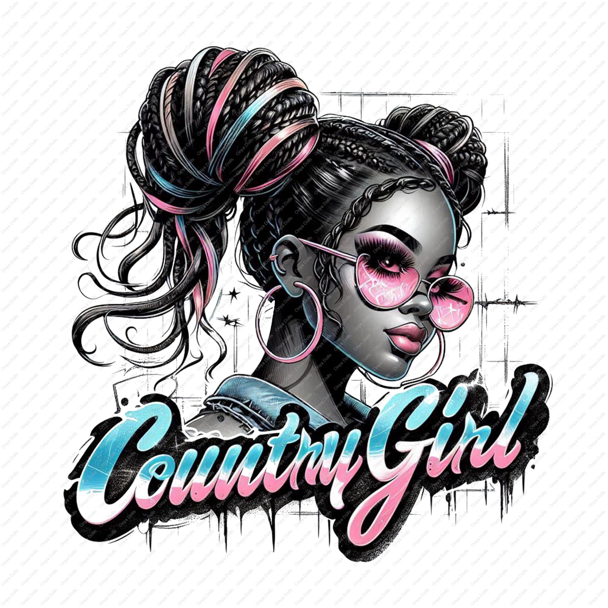 Black country girl PNG with braided updo, pink streak accents, sunglasses, and pink blue graffiti Country Girl lettering on transparent background.
