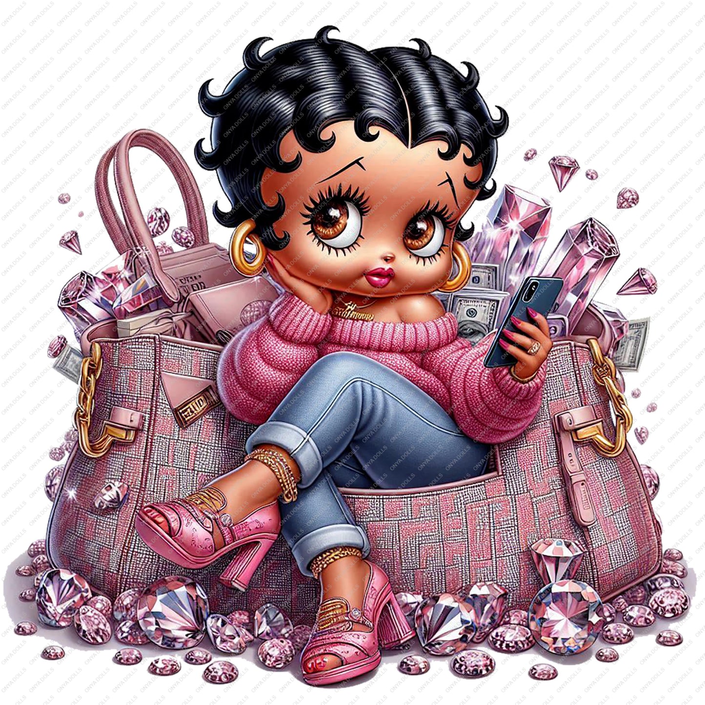 Cute melanin toddler sitting in front of designer-inspired handbags, holding cash, surrounded by sparkling diamonds and luxury accessories.
