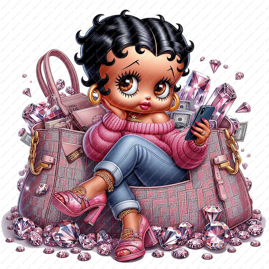 Cute melanin toddler sitting in front of designer-inspired handbags, holding cash, surrounded by sparkling diamonds and luxury accessories.
