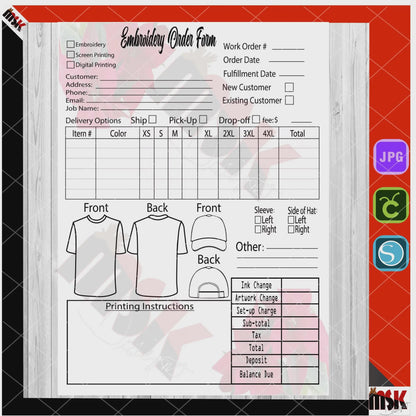 Embroidery Order Form JPG | Printable Template with Logo Personalization | Instant Download for Small Business Use