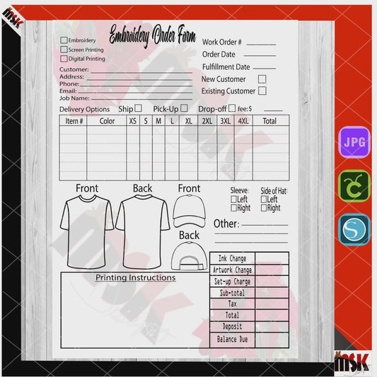 Embroidery Order Form JPG | Printable Template with Logo Personalization | Instant Download for Small Business Use