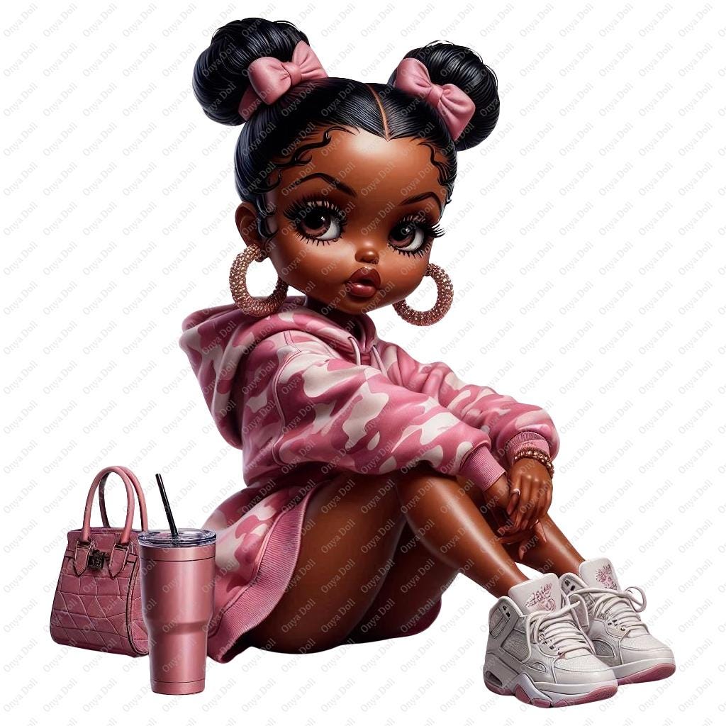 Pink Camo PNG Bundle, 14 High-Res Files of Stylish African American Girls | Sublimation, Planner, Cricut, & Sticker Clipart