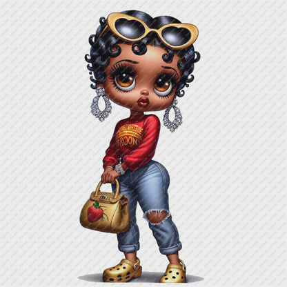 Illustration of a stylish character with sunglasses, red sweatshirt, and gold shoes on a white background