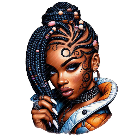Illustration of a woman with intricate braided hair and detailed makeup on a white background