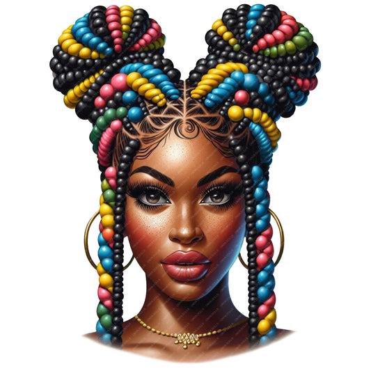 Artistic depiction of a woman with colorful braided hair and jewelry on a white background
