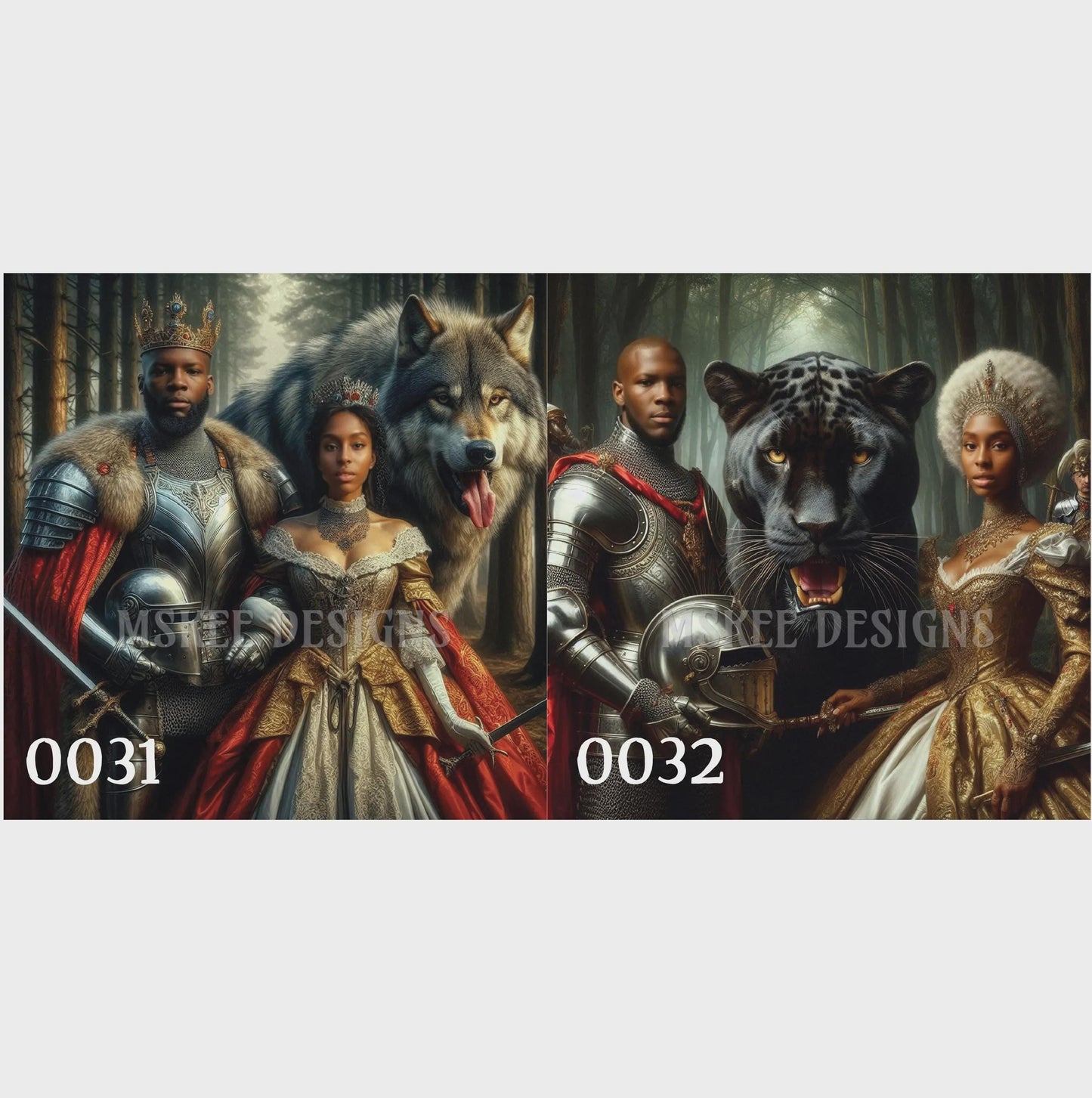 Group of people in historical or fantasy attire with animals in a forest setting, featuring numbers 0031 and 0032.
