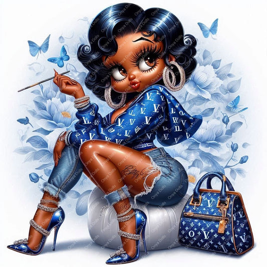 High-resolution PNG of an Afro Betty Boop-inspired character wearing a blue hoodie and distressed jeans, styled with melanin-rich features and casual flair.
