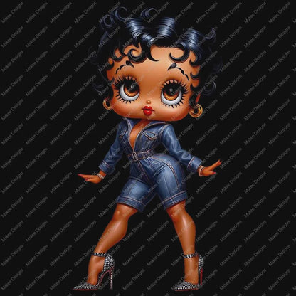 Cartoon character in a denim outfit on a black background