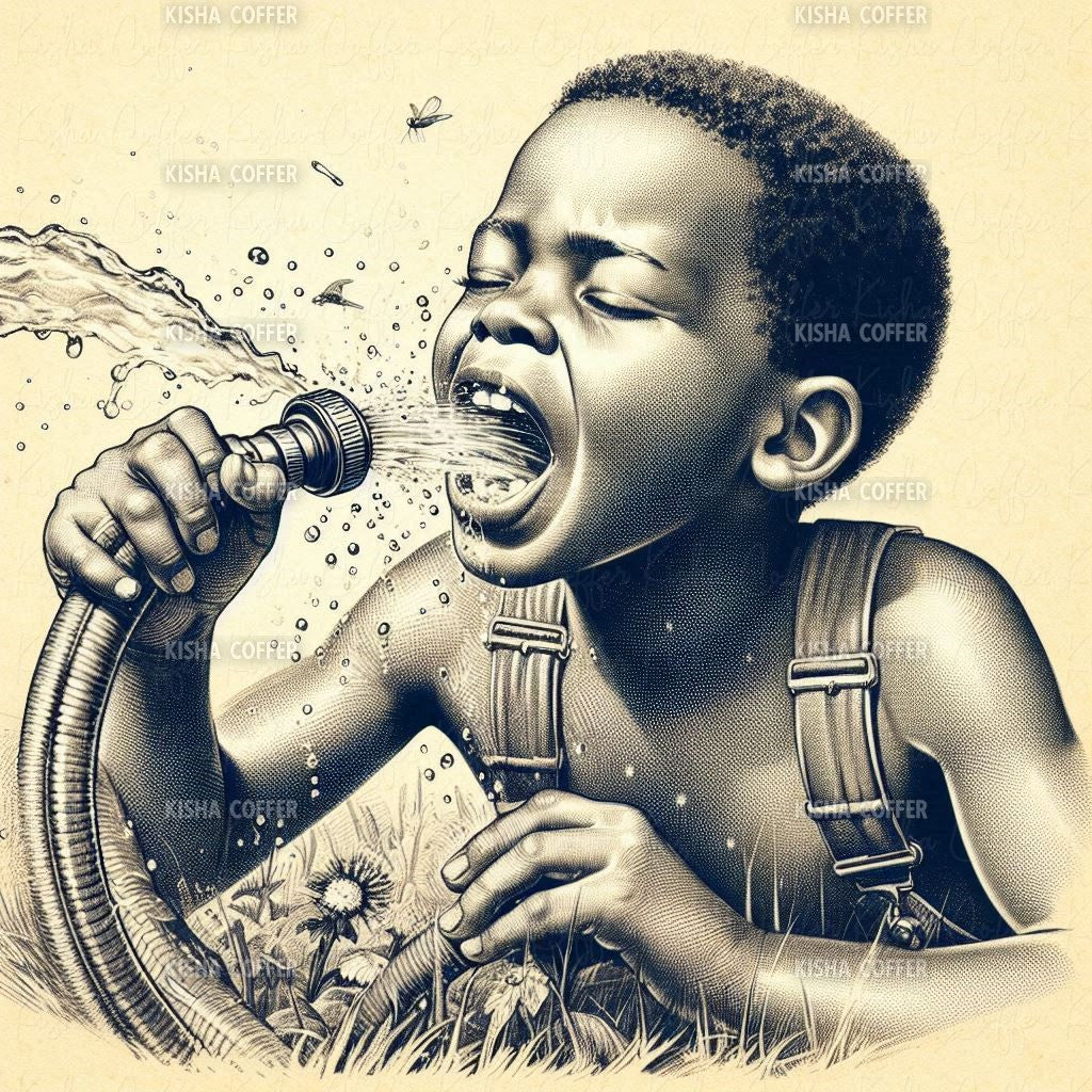 High-resolution PNG of a melanin-rich little boy drinking from a water hose, perfect for summer crafts, party invites, and nostalgic designs.
