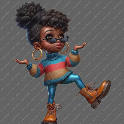 Cartoon character with stylized hair, sunglasses, and colorful outfit on a transparent background