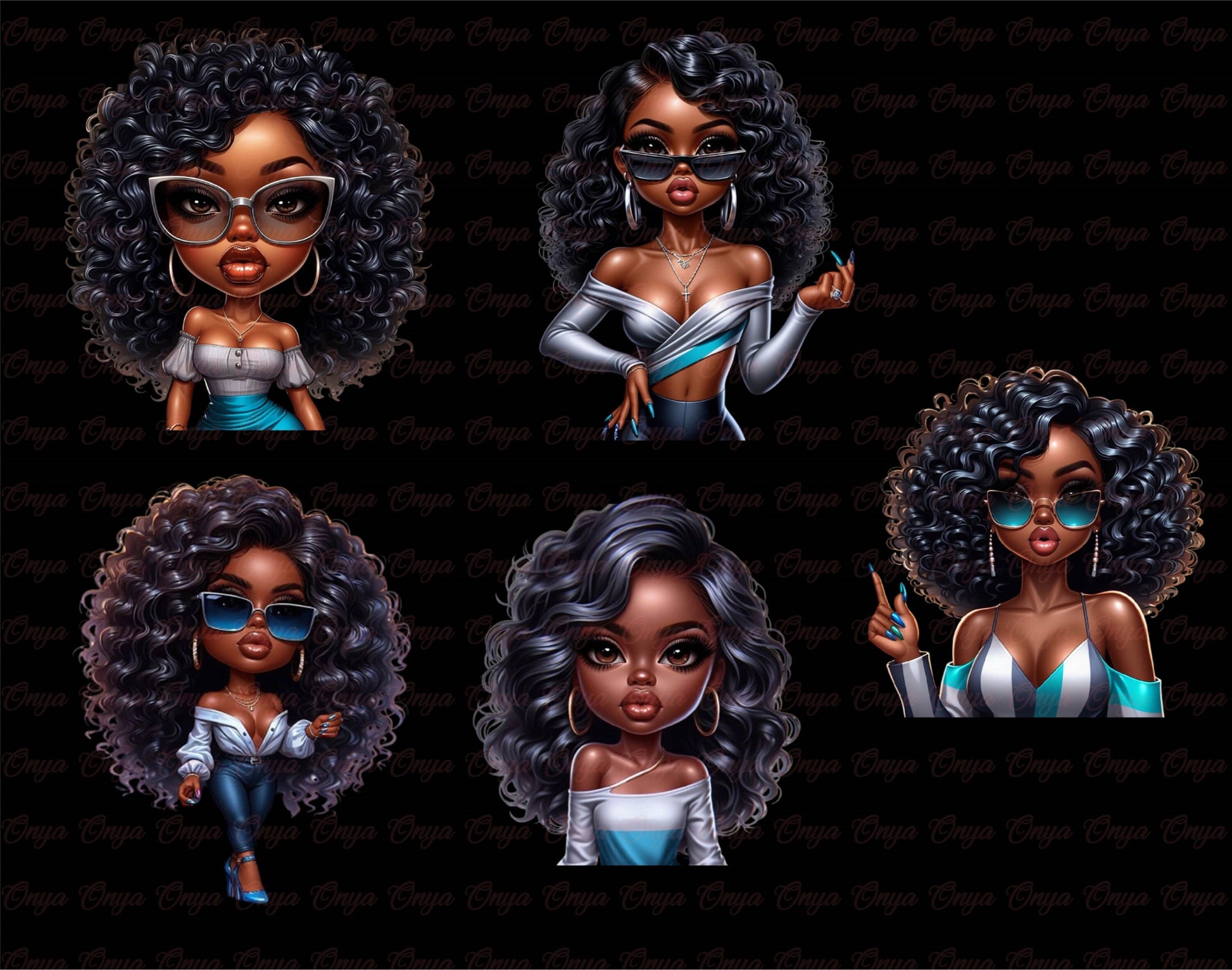 Set of five illustrated dolls with different hairstyles and outfits on a black background.